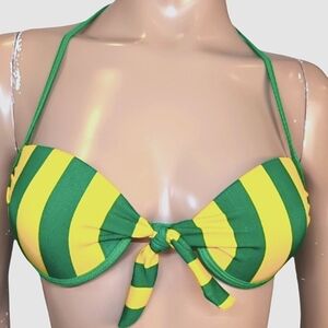 Vintage Brazilian Striped Bikini Top Halter Tie Front Underwire Green Yellow